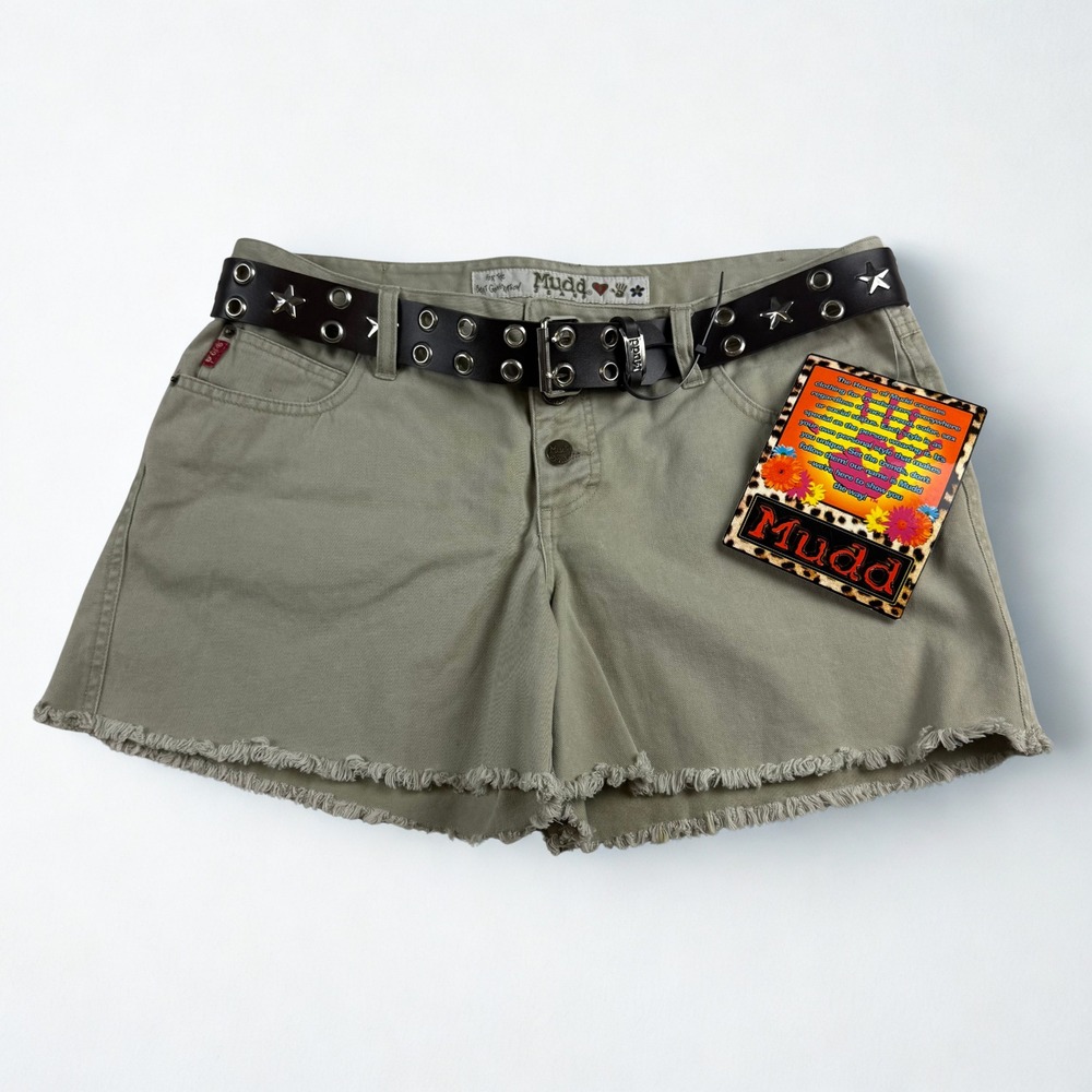 Mudd Denim Shorts With Star Grommet Belt Womens 13 Khaki Y2K McBling Frayed Hem